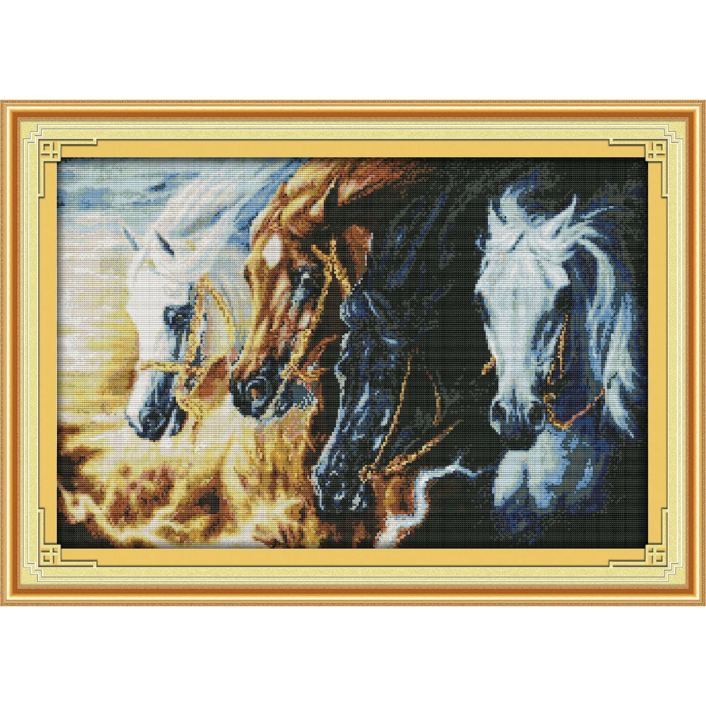 News Pre-Printed Cross Stitch Kit, Stamped Aida Fabric With DMC Threads, Embroidery Kit - Galloping Steed(2)