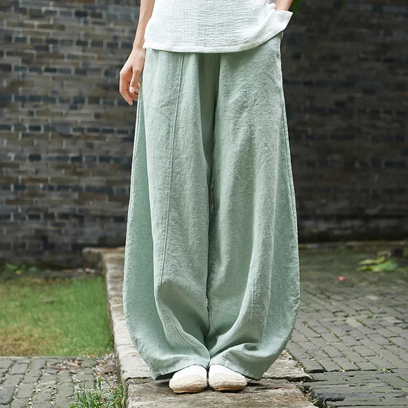 

Autumn Solid Color Pockets Loose Pants New Women Vintage Elastic Waist Cotton Linen Wide Leg Full Length Pants S149