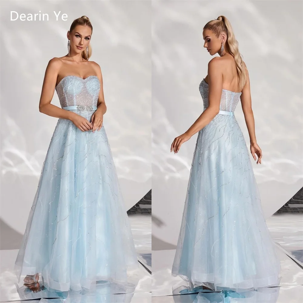 

Prom Dress Evening Formal Gown Dearin Strapless A-line Floor Length Open Back Skirts Draped Tulle Sleeveless Bead Bespoke Occasi