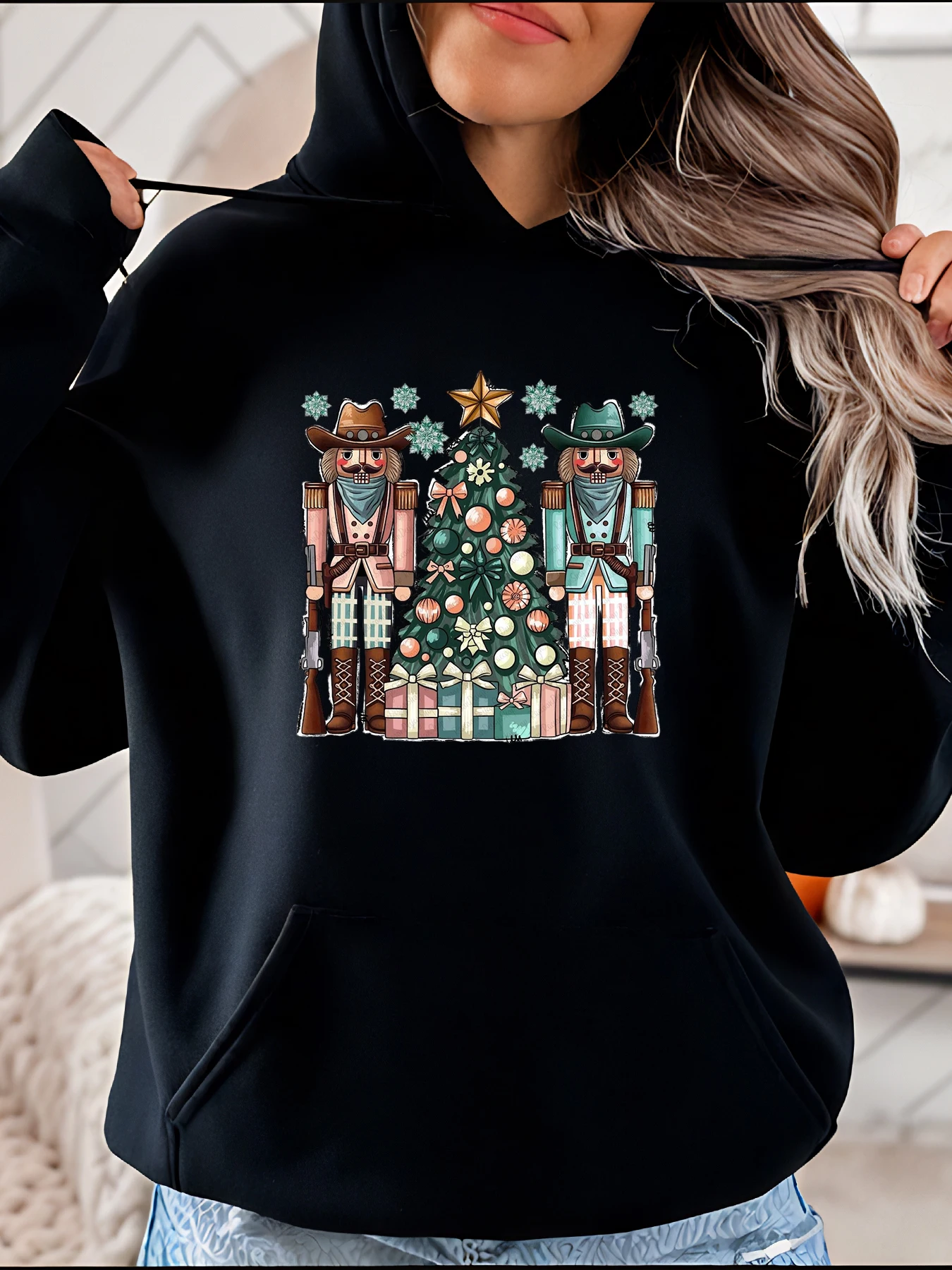 

Nutcracker Christmas Tree Print Hoodie Holiday Festive Design with Gift Boxes and Snowflakes Women's Casual Winter Wear