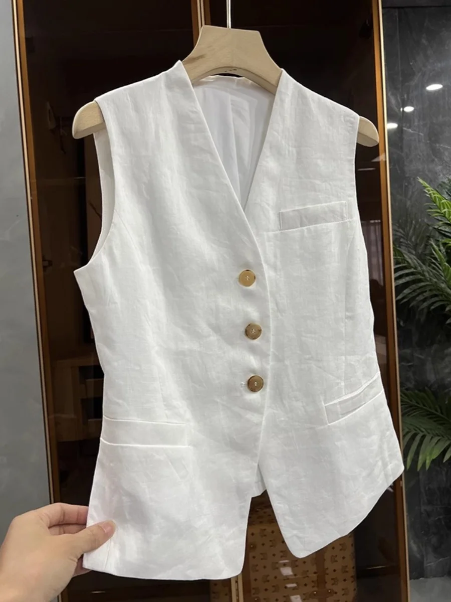 

Stunning White Linen V-Ne Svel Suit Vest Women's High-End Design Commute Sle Regular Length Single Button Closure