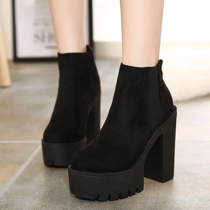 

2023 New Fashion Black Ankle Boots for Women Thick Heels Spring Autumn Flock Platform Shoes High Heels Black Zipper Ladies Boots