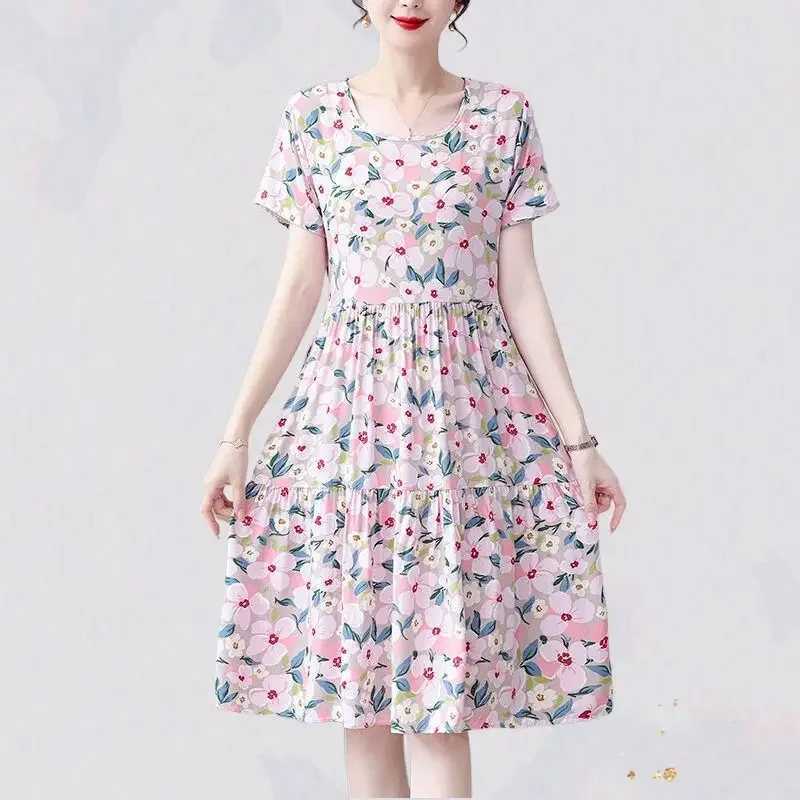 Floral Boho Beach Dresses for Women Flower Midi Short Sleeve Woman Dress Kpop Elegant Chic Pretty Elastic Vintage Clothing Party