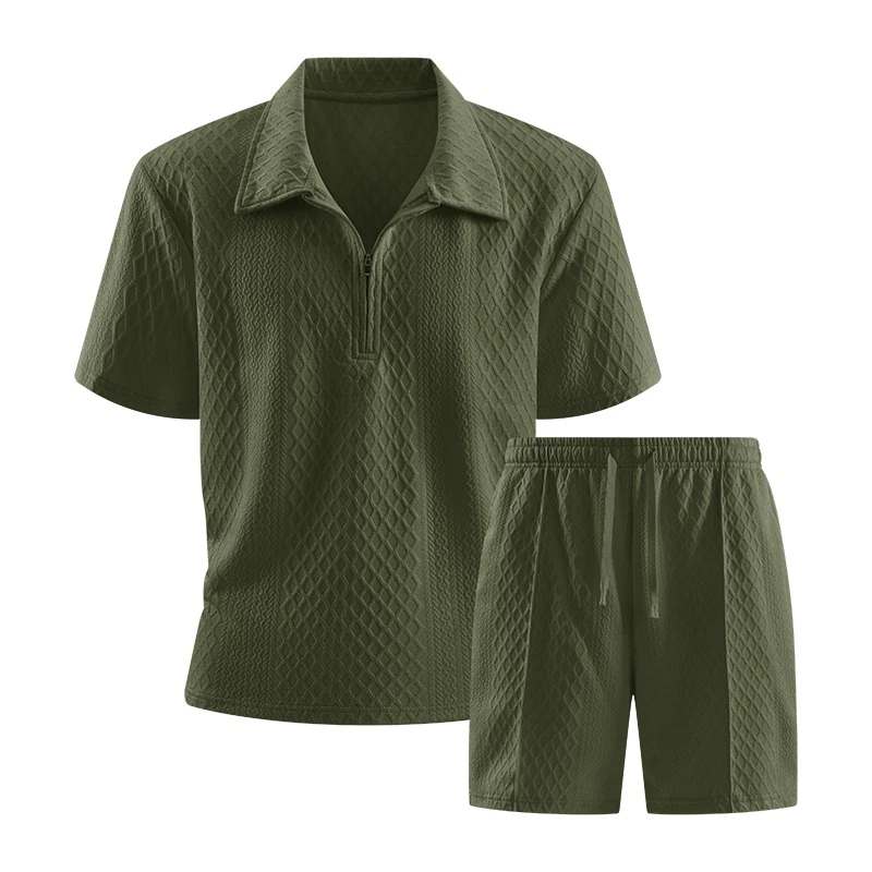 Men Waffle Textured Zipper Polo Shirt Shorts 2 Piece Set Summer Solid Color Lapel Short Sleeve Tops Drawstring Casual Outfit