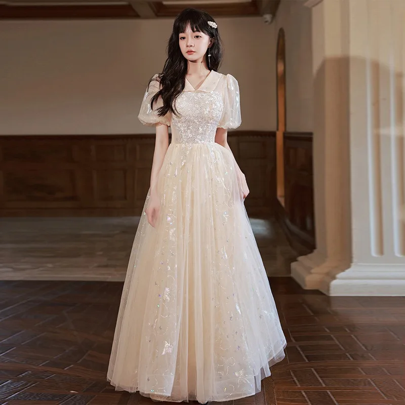 

Women Long Prom Dresses Beading Sequins Lapel Puff Sleeve Slim Formal Evening Dress Champagne Graduation Ceremony Gown