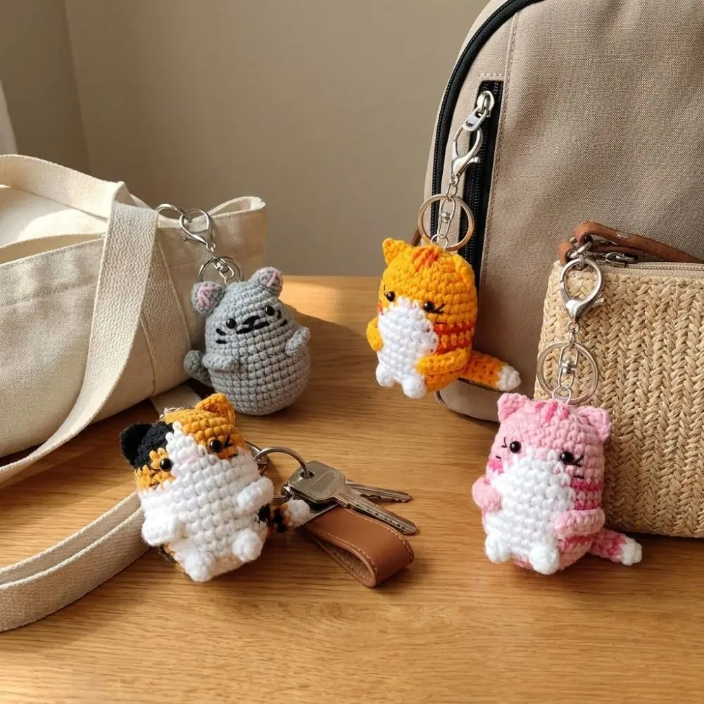 Cute Handmade Crochet Kitten Keyring DIY Crafts Mini Hand Cat Keychain Multi-color Handwoven Yarn Kitty Bag Charm Birthday Gift