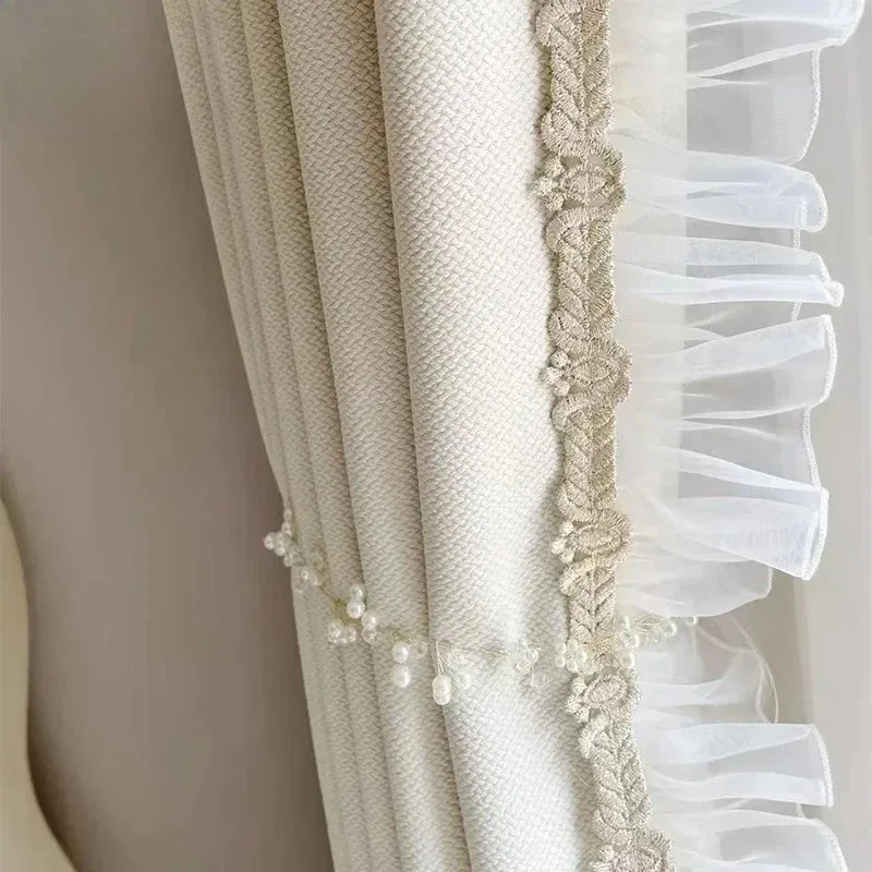 

French Romantic Cream Cotton Linen Lace Luxury Curtains for Living Room Bedroom Dining Window Blue Tulle Elegant White Tulle