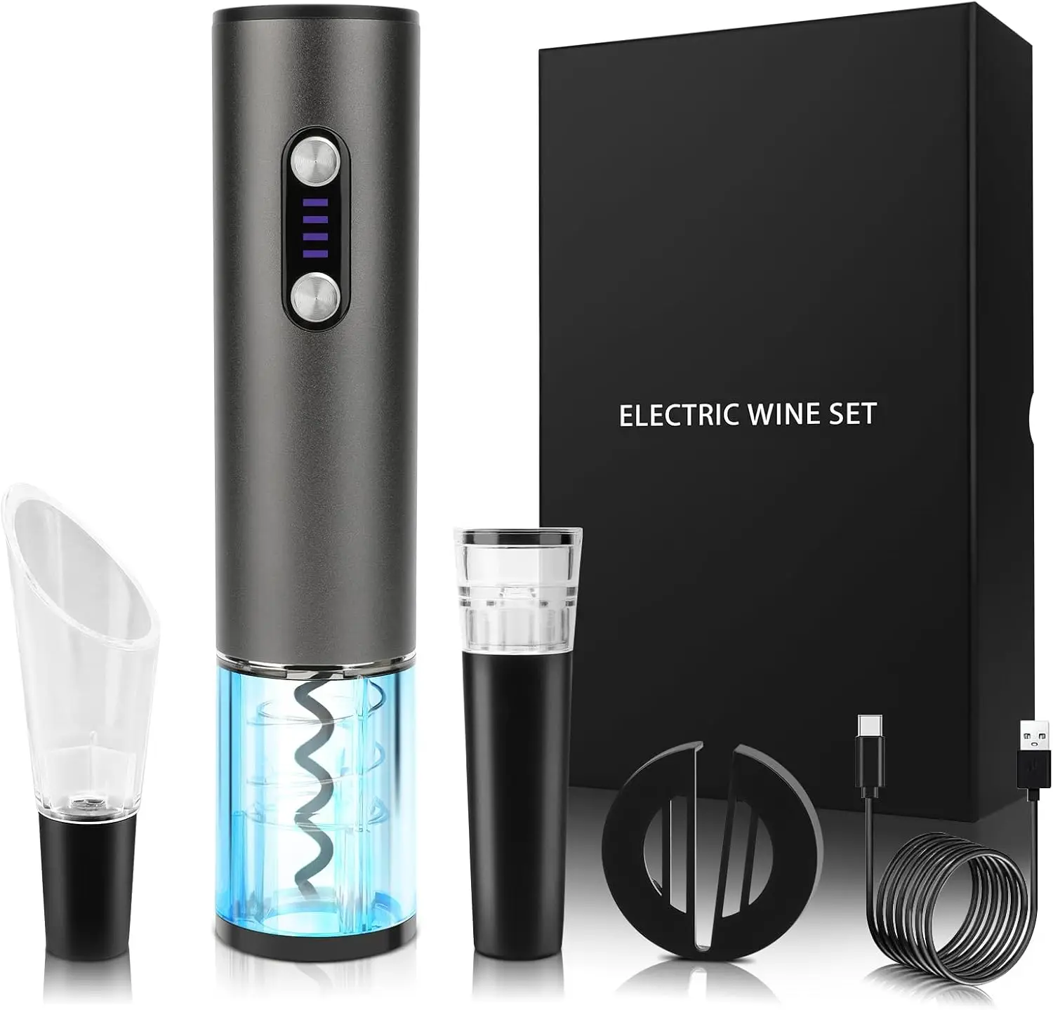 

USB-C Rechargeable Electric Wine Opener Kit with Foil Cutter, Aerator, and Vacuum Stopper - Fast & Portable Gift Set