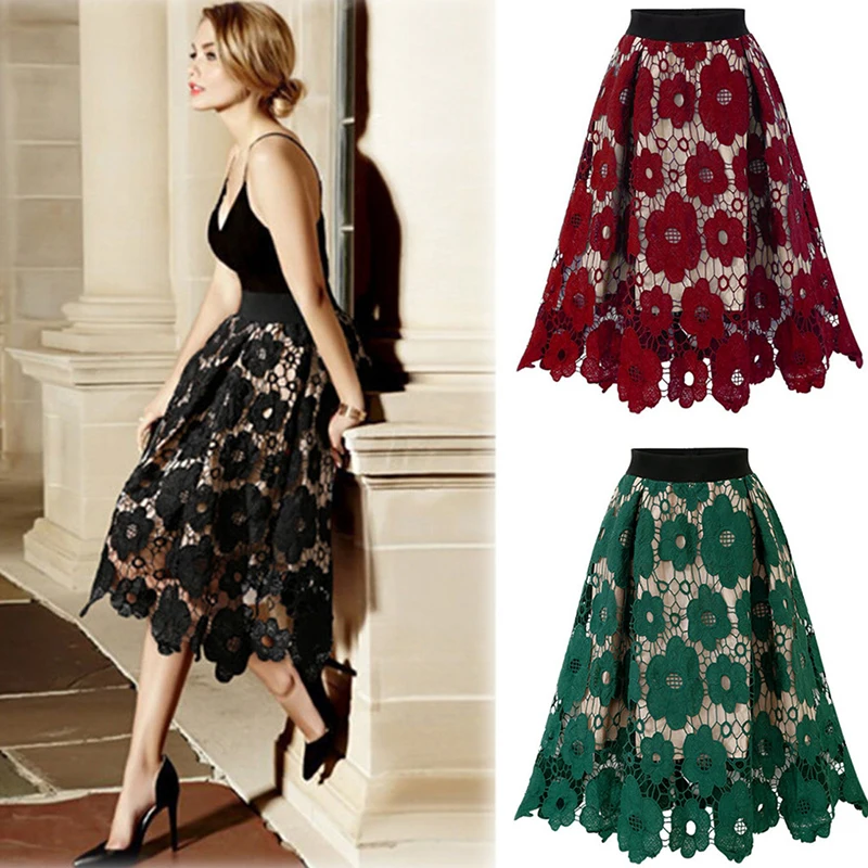 Summer Boho Lace Skirts Women Vintage Mesh Hollow Out Plus Size Skirt Elastic Waist Elegant  A-Line Midi Saias Black Red Green