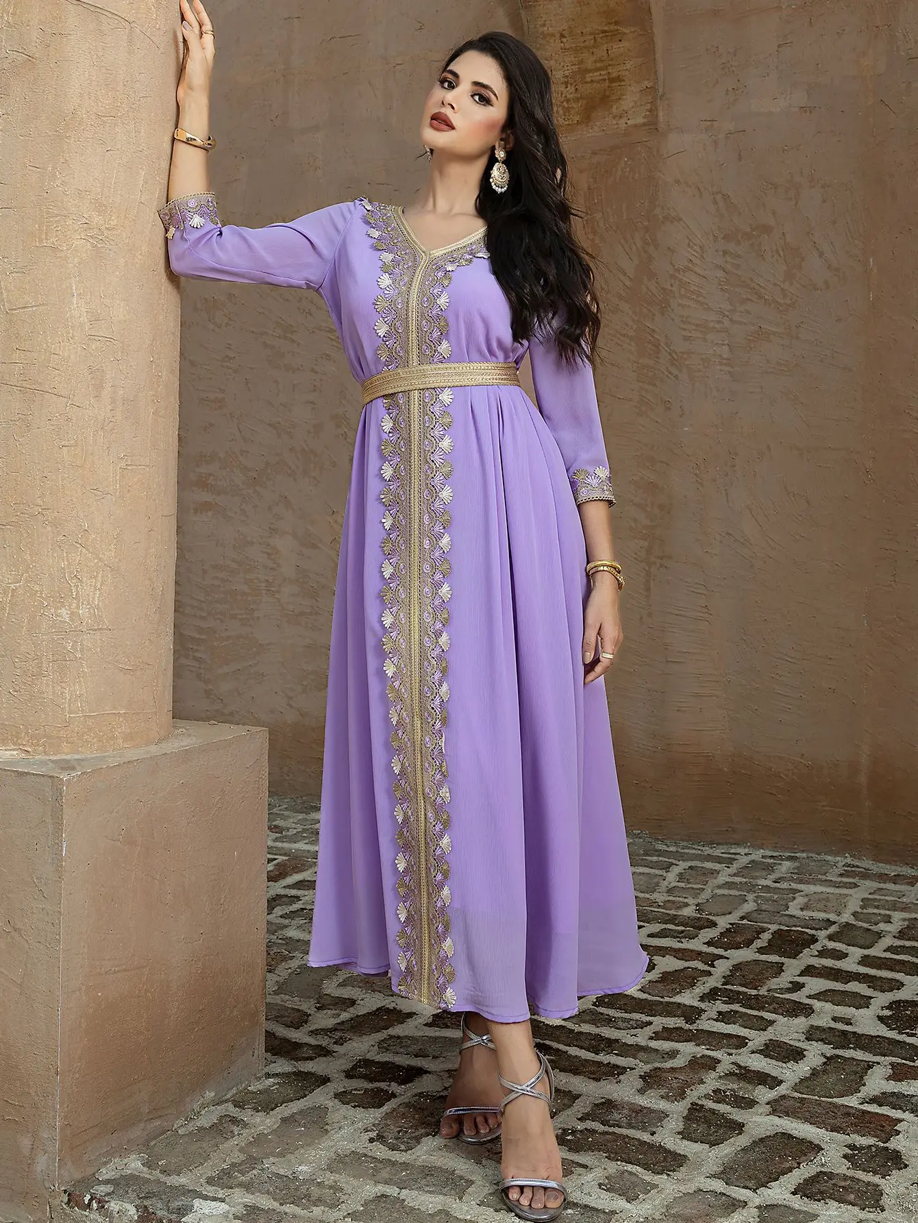 Ramadan Moroccan Muslim New Violet Large Swing Skirt with Gold Ribbon Splicing Middle Eastern Islamic Arab Style Long Dress