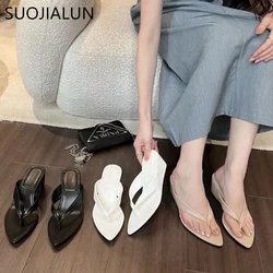 SUOJIALUN 2024 Summer New Brand Women Slipper Fashion Pointed Toe Slip On Flip Flop High Wedge Heel Ladies Beach Slides Shoes