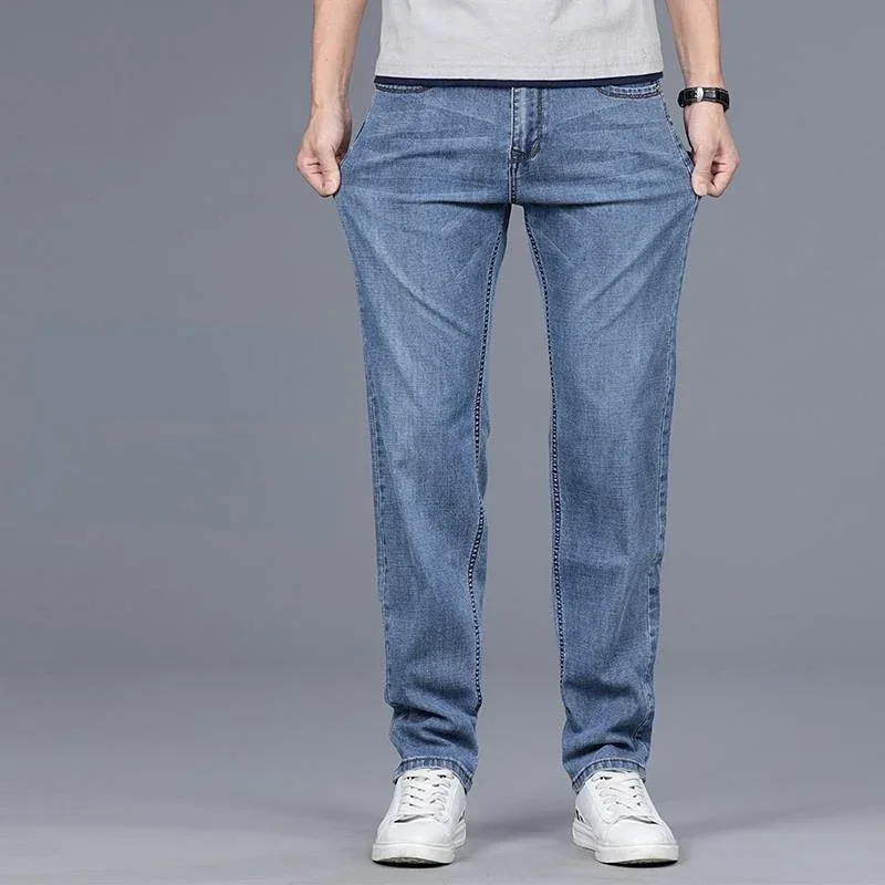 

Jeans for Men Casual Trousers Loose Light Blue with Pockets Male Cowboy Pants Straight Spring Autumn Clothing Plus Size Stylish