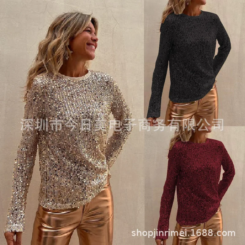 

WildPinky New Sequin Shiny Mesh See-though Blouse Women New Spring Summer O-neck Tees Top Female Night Club Long Sleeve T-Shirt