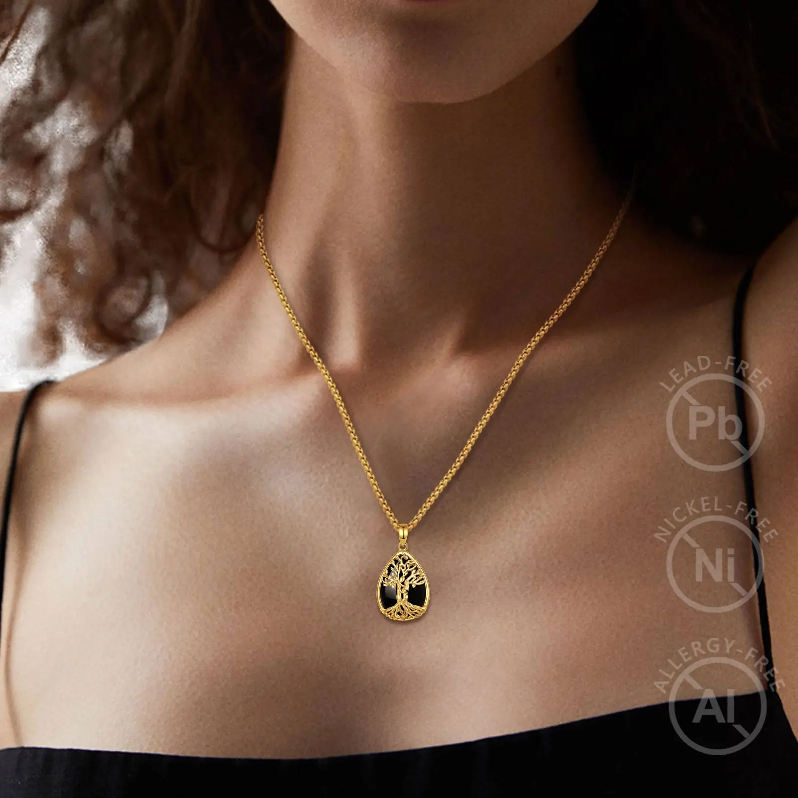 AEONSLOVE 18K الذهب لوحة شجرة الحياة قلادة دمعة سبج قلادة حجر الطاقة مجوهرات هدية عيد الحب للنساء الرجال #5