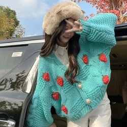 Women's Cardigan Knitted Sweater Cute Strawberry Crochet Spring Autumn Single-breasted Long-Sleeved Casual Loose V Neck