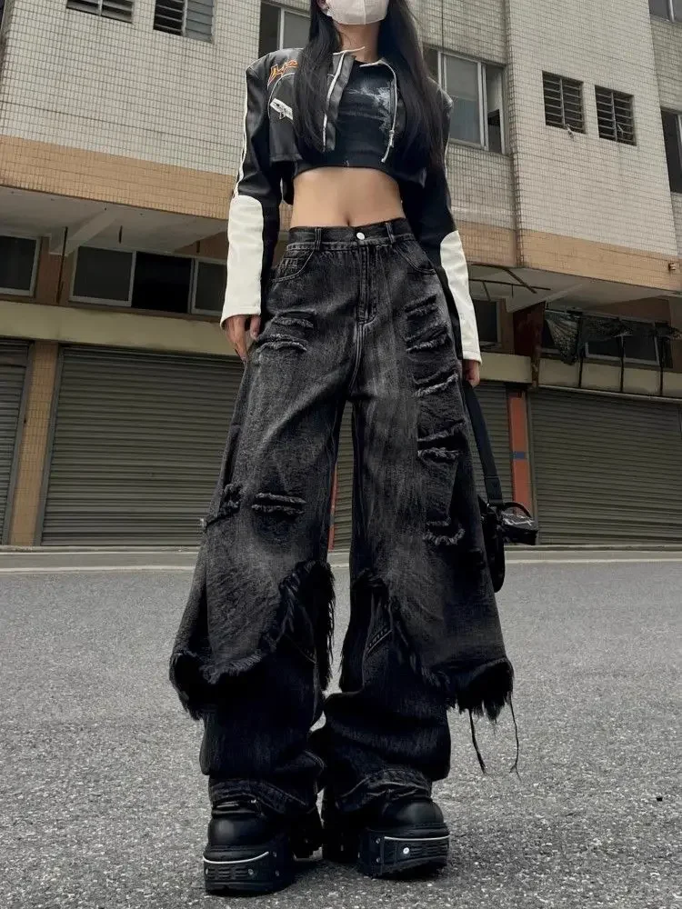 Oversize Patchwork Black Jeans Women American High Street Hiphop Denim Pants Y2K Harajuku Y2K Gothic Loose Wide Leg Pants