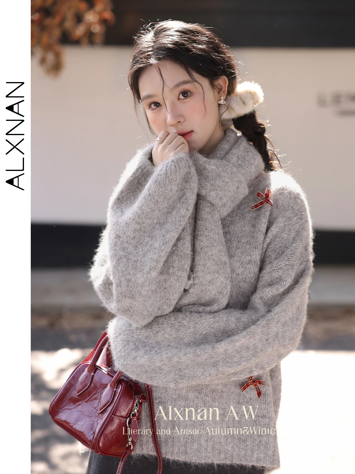 

ALXNAN Gray Pullovers Women O-neck Plaid Bow Loose-fit Wool Lantern Long Sleeve Sweater Autumn Winter Female Warm Tops L52690