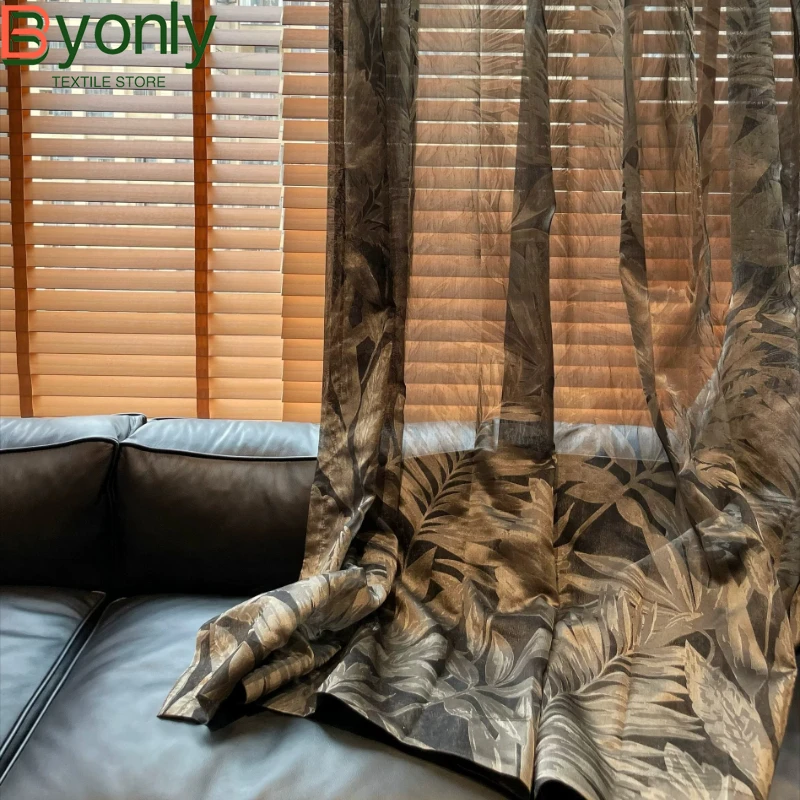 

New Customized Black Gold Leaf Printed Window Screen Balcony Living Room Bedroom Bay Window Partition Curtain Finished Product
