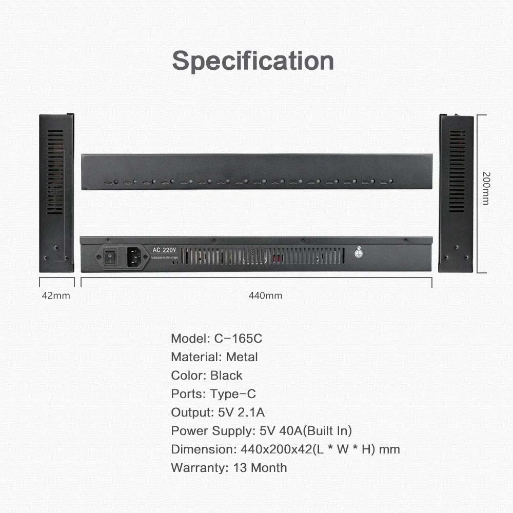 Sipolar C165C 16-Port USB-C شاحن عالي الطاقة 200 وات 2.4 أمبير محور شحن مع جدار مؤشر LED أو حامل رف