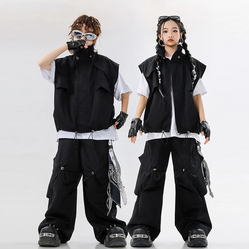 

Hip Hop Street Dancing Set Girls Jazz Dance Costume Boys Stage Outfit Children Performance Clothes Black Vest Pants Shirt XH2896
