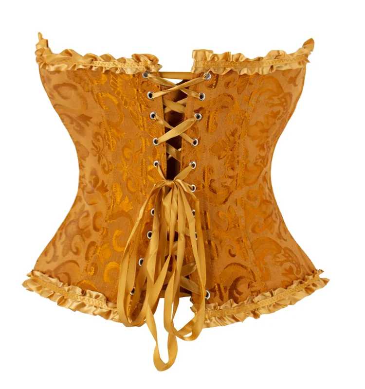 Damen-Overbust-Korsett, Vintage-Jacquard, Rüschen, Schleife vorne, Busk hinten, Schnürung, Taillenformer, Freizeit-, Party- und Alltagskleidung – Detail 32
