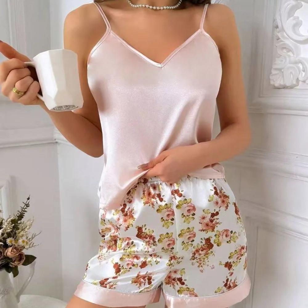 Women's Sleepwear 2-piece Set, Sexy and Elegant Suspender Printed Shorts, Skin Friendly Pink, Cheap