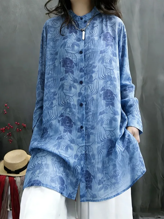 

Retro Ethnic Print Women's plus Size Sun Protection Shirt Dress Long Sleeve Stand Collar Mid-Length Casual Fashion 2026 Summer