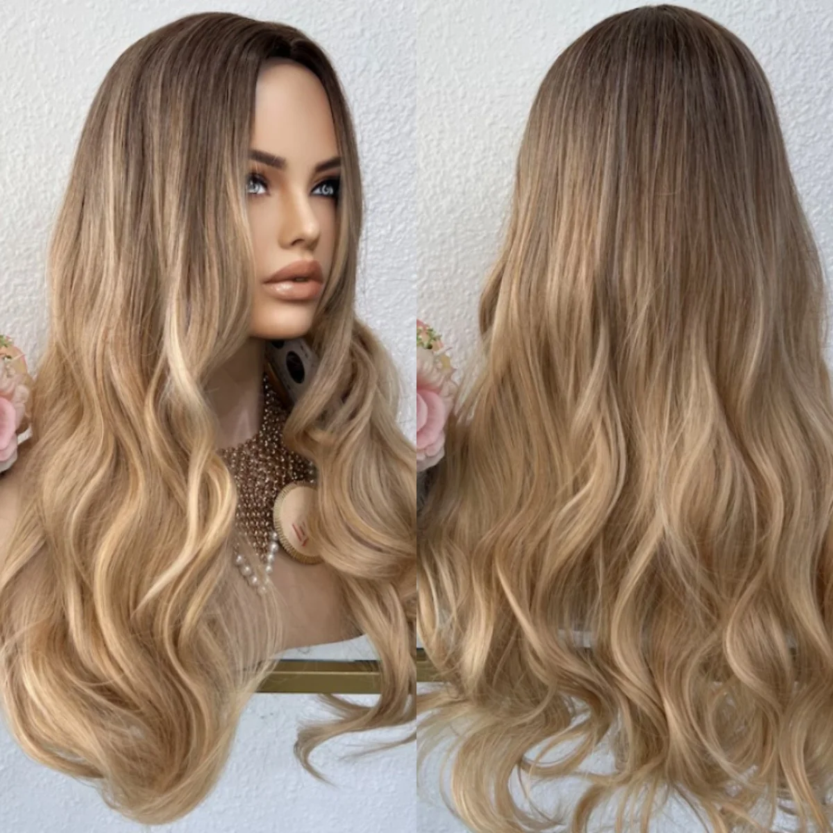 

Мягкий парик Ombre Медовый блондин Объемная волна Средняя часть Синтетический парик фронта шнурка Натуральная линия волос Высокое качество 13*4 Длинный парик шнурка TopWig