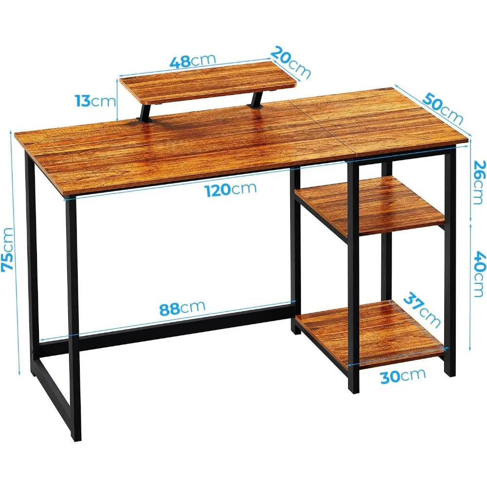 Modern Home Office Desk with Monitor Stand, 47 Inch, Reversible Storage Shelves, Writing Study Workstation