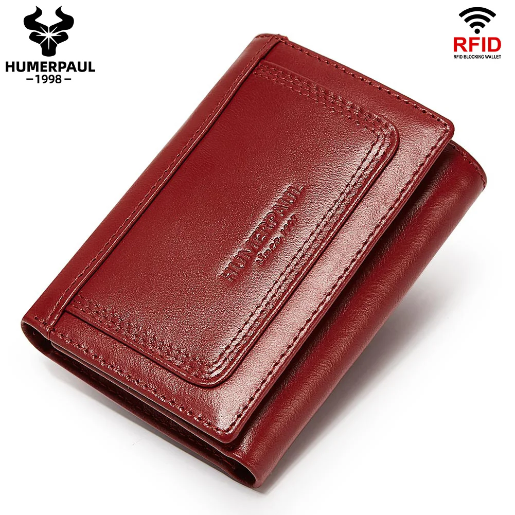 HUMERPAUL portfel damski z prawdziwej skóry RFID Trifold etui na karty kredytowe minimalistyczna wąska kopertówka kieszonka na monety Carteira