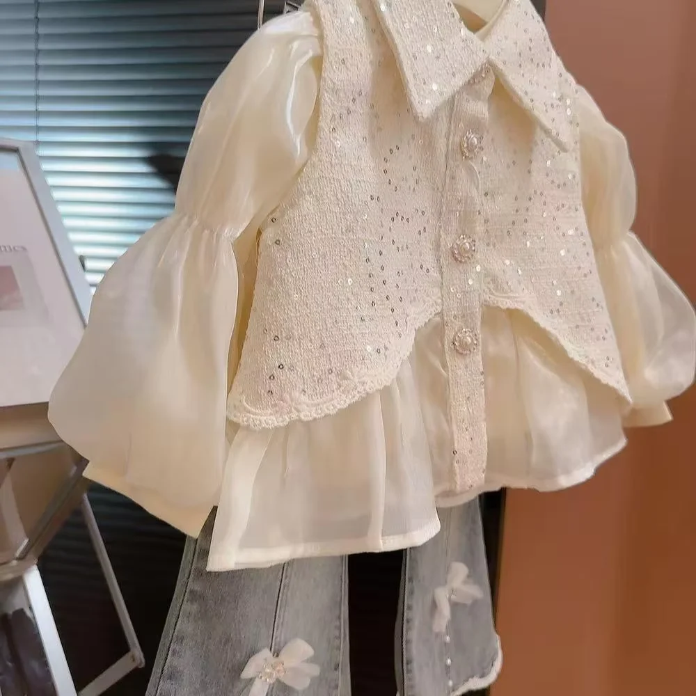 Girls' Set Spring and Autumn New Style Children's Collar Shiny Vest Fashion Bottom Shirt Jeans 3-Piece Set 90-150CM