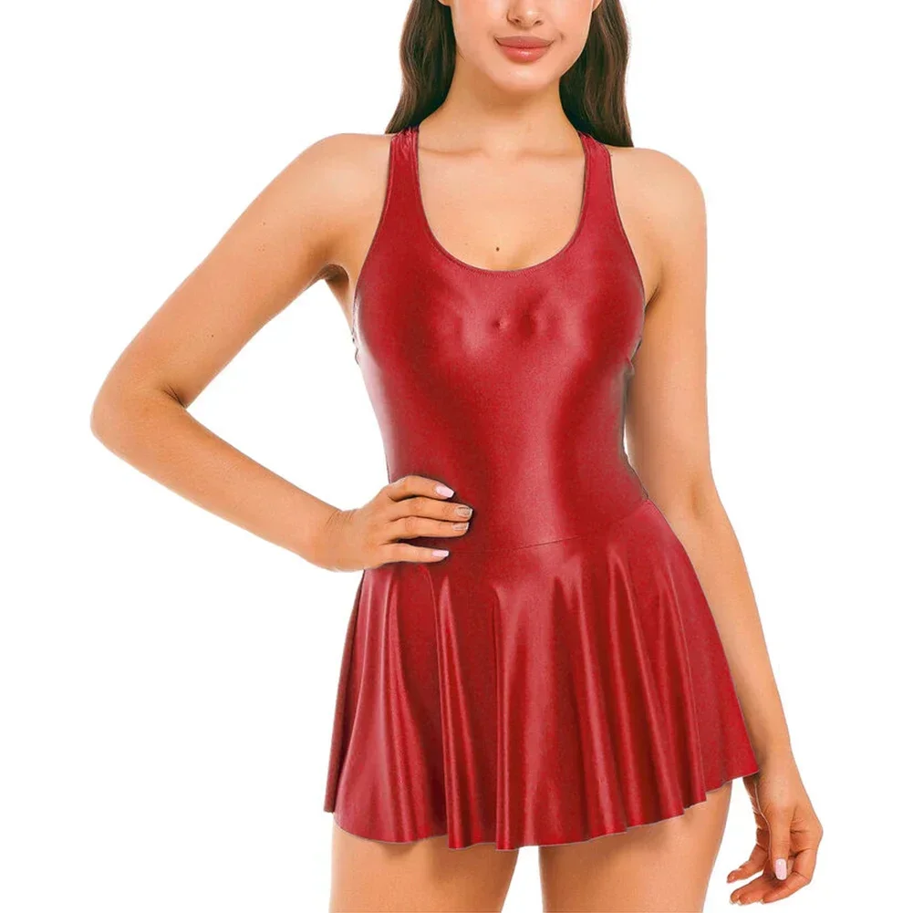 Women Tank Dresses Glossy Stretchy Sleeveless Solid Color Athletic Tennis Dress Nightwear Porno Clubwear Exotic Dresses