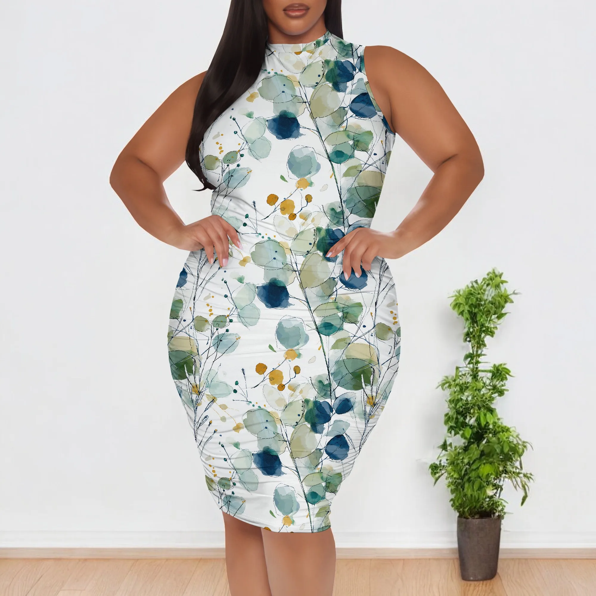 

Women's XL-6XL Sleeveless Elegant Leaf Print Dress 2025 Soft Nature Style Bodycon Dress for Summer Picnic