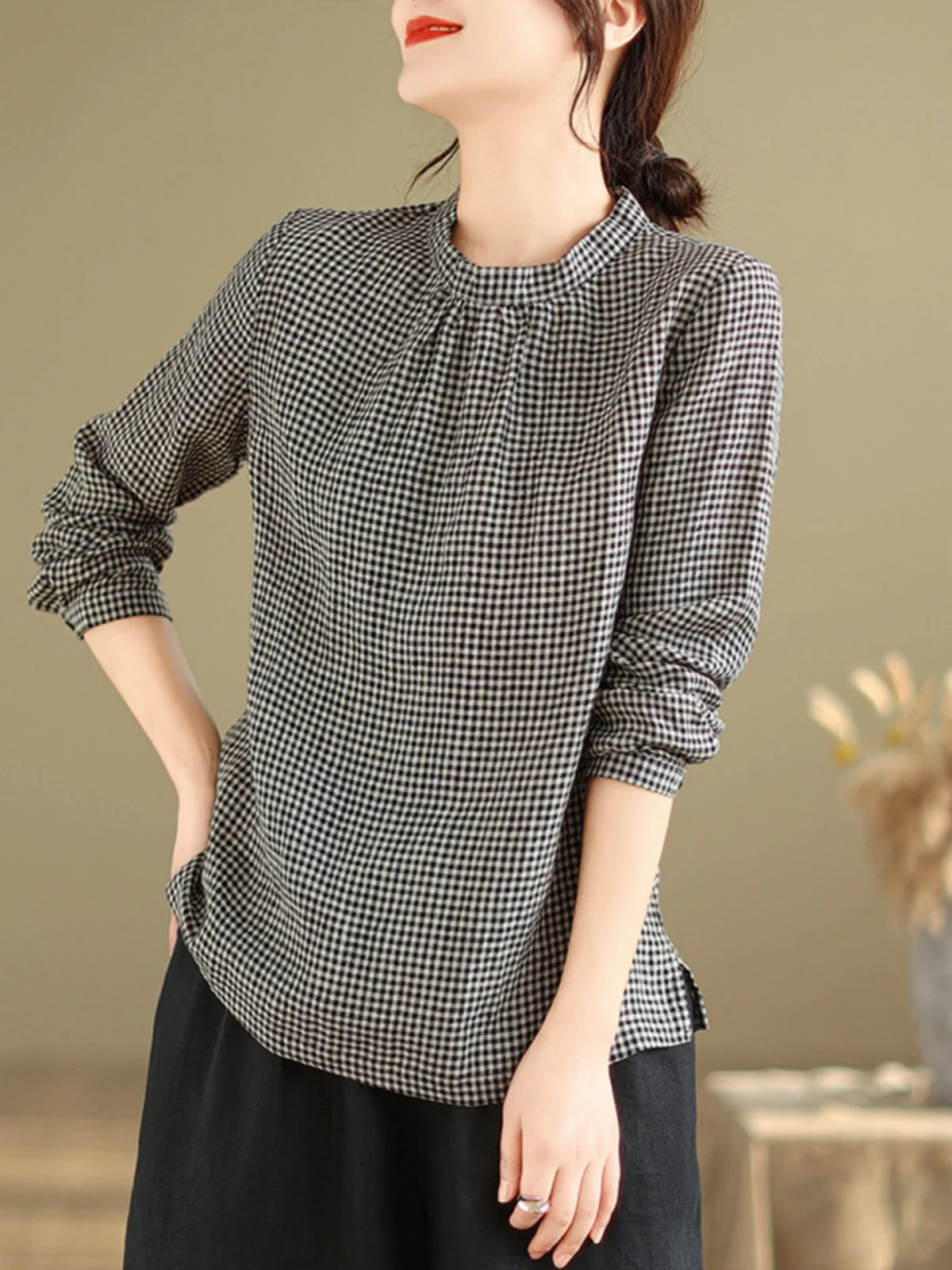 Retro Cotton Linen Plaid irt Women's Spring Autumn Loose Casual Stand Collar Long Sve T-irt Top Faion Commute Sle