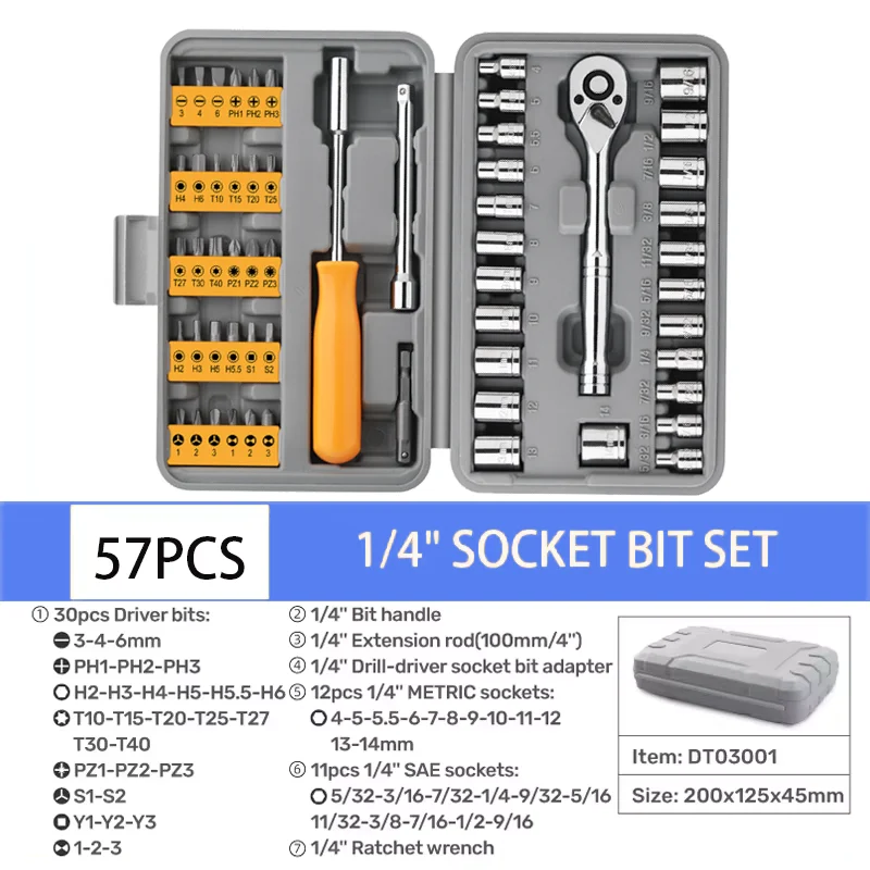 

Инструмент, 57 шт., 1/4 дюйма, набор торцевых ключей с трещоткой, полный набор инструментов для ремонта автомобиля, инструменты для обслуживания автомобиля, велосипеда, мотоцикла, механика