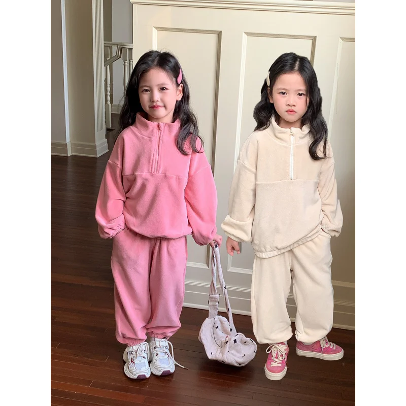 

2024Korean Style Autumn Boys and Girls Double-Sided Fleece Sports Fleece-lined Twinset Outfit