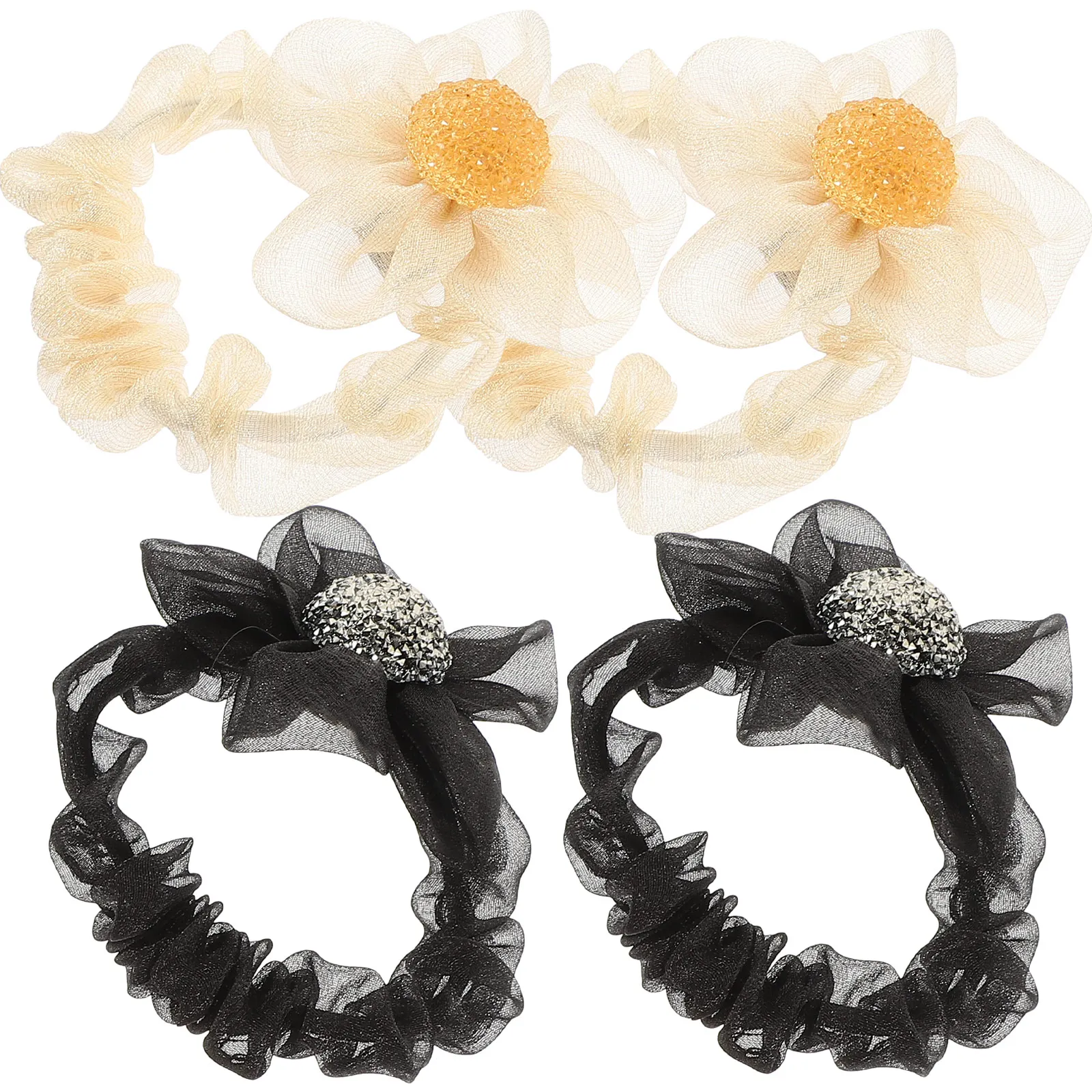 

4pcs Rhinestone Sun Flower Hair Ring Silk Lady Tie Shiny Decorative Ponytail Holder Girls Headdress Gauze Smooth Thick Fine