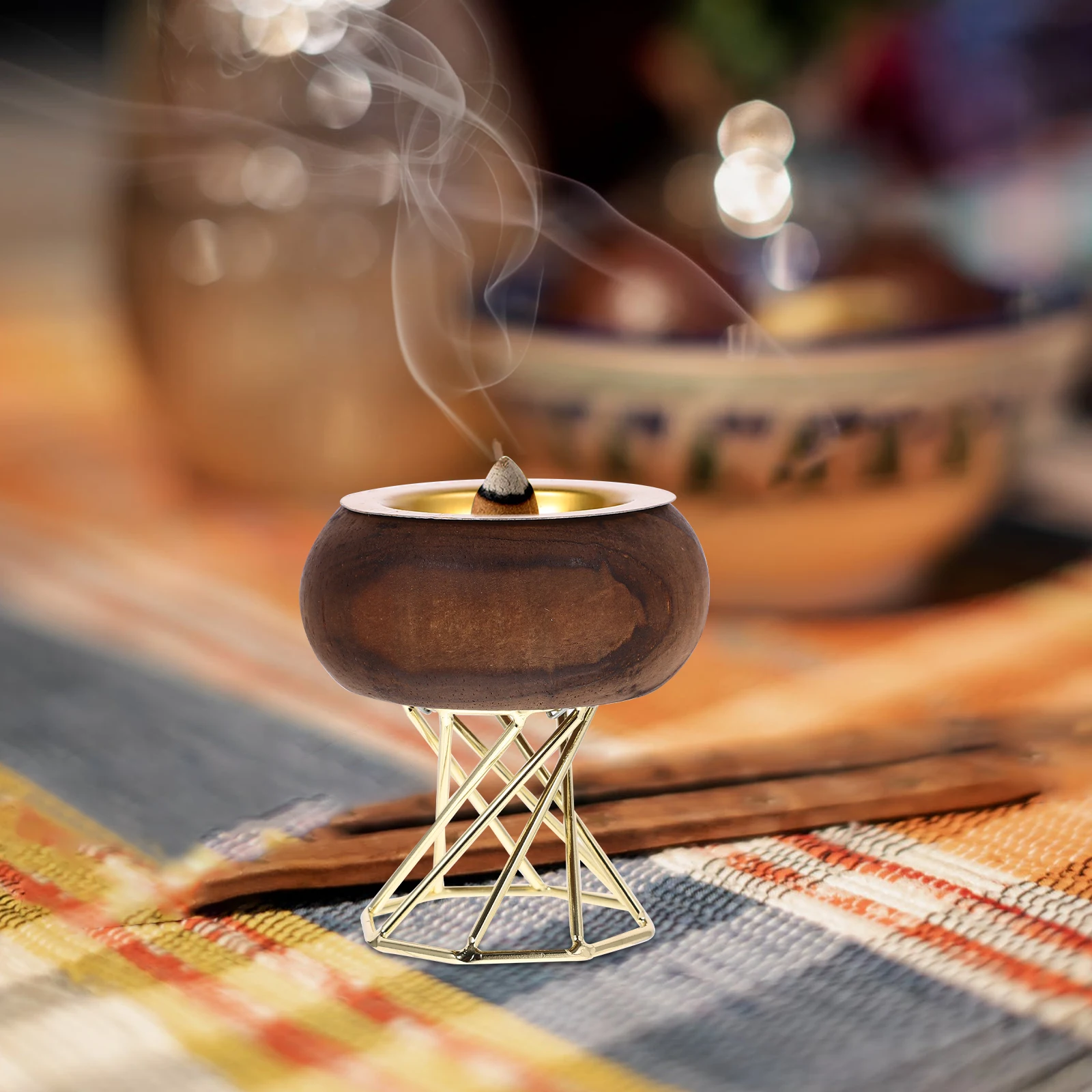 

Wood Metal Vintage Incense Burner Classic Aromatherapy Holder Wooden Censer Indoor Desktop Home Office Cone Holder