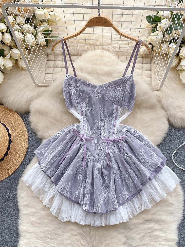 Women Purple A-line Lace Dress Vintage Off Shoulder Sleeveless Mini Evening Dresses Y2k One Piece Frocks 2000s Cutecore Clothes