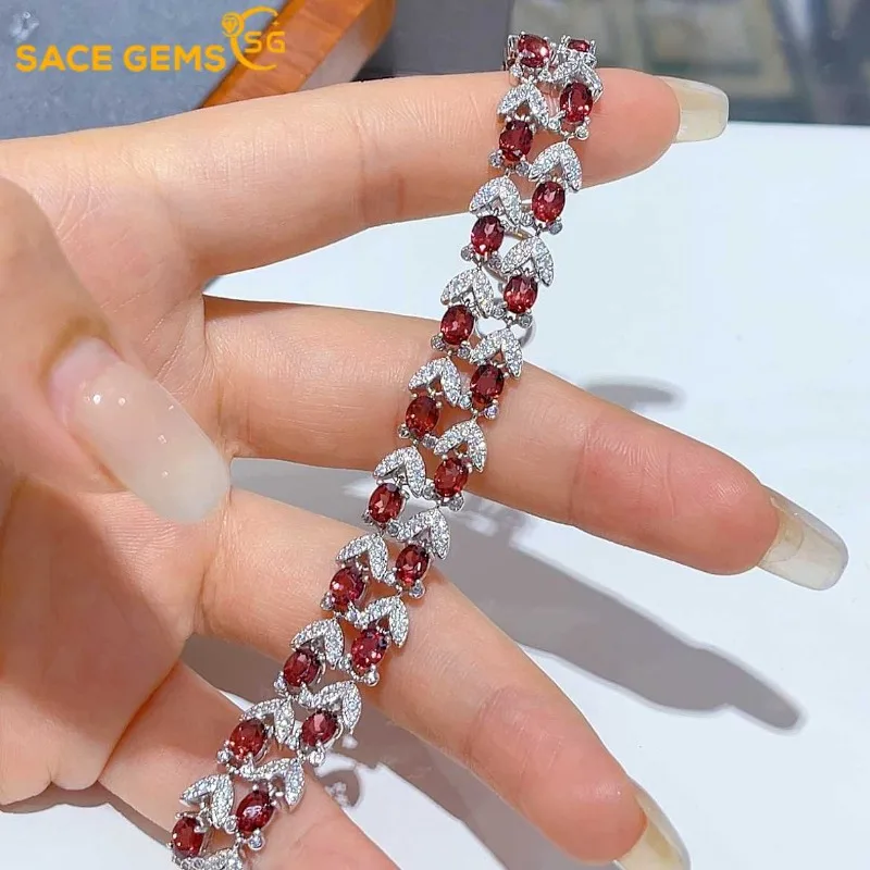 

SACEGEMS New Arrival 925Sterling Silver 4*5MM Natual Garnet Gemstone Bracelrts for Women Engagement Cocktail Party Fine Jewelry