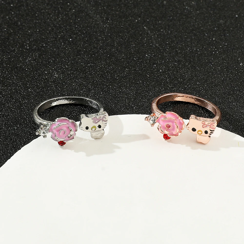 New Sanrio Hello Kitty Cartoon Open Ring Sweet Girl Rose Ring Fashion Rhinestone Ring Good Friend Gift