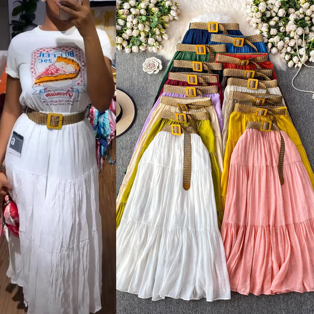 White midi skirt women's 2026 summer short to medium long casual Solid high waist slimming big swing fluffy cake skirt