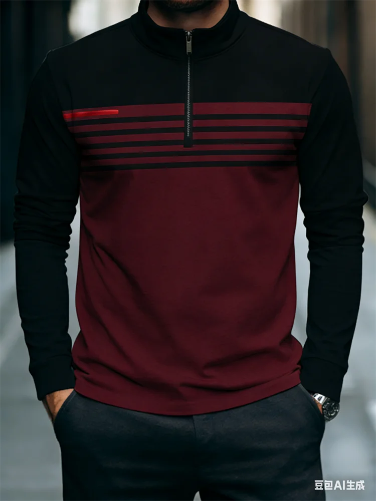 الأعمال عادية الرجال نصف البريدي الوقوف طوق قميص ثلاثية الأبعاد مخطط كتلة اللون ملابس منقوشة بكم طويل بلايز الشارع الاتجاه اليومي بلوزات #4