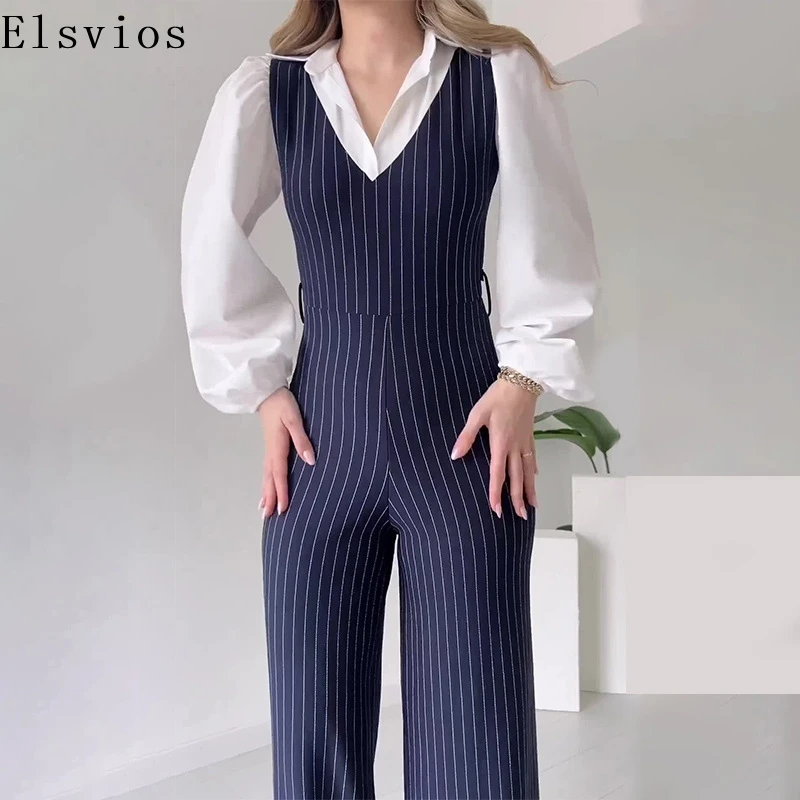 White Collar Striped Wide Leg Work Jumpsuit Simple Stitching Lapel Collar Lantern Sleeve Women's Romper Elegant Long Combination