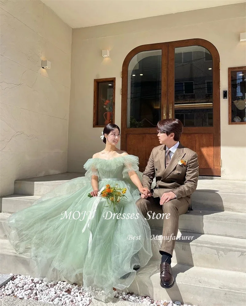 Mojy Elegant Off Shoulder Tulle Evening Dresses Korea Wedding Photo shoot Sage Green Evening Formal Gowns Party Customized