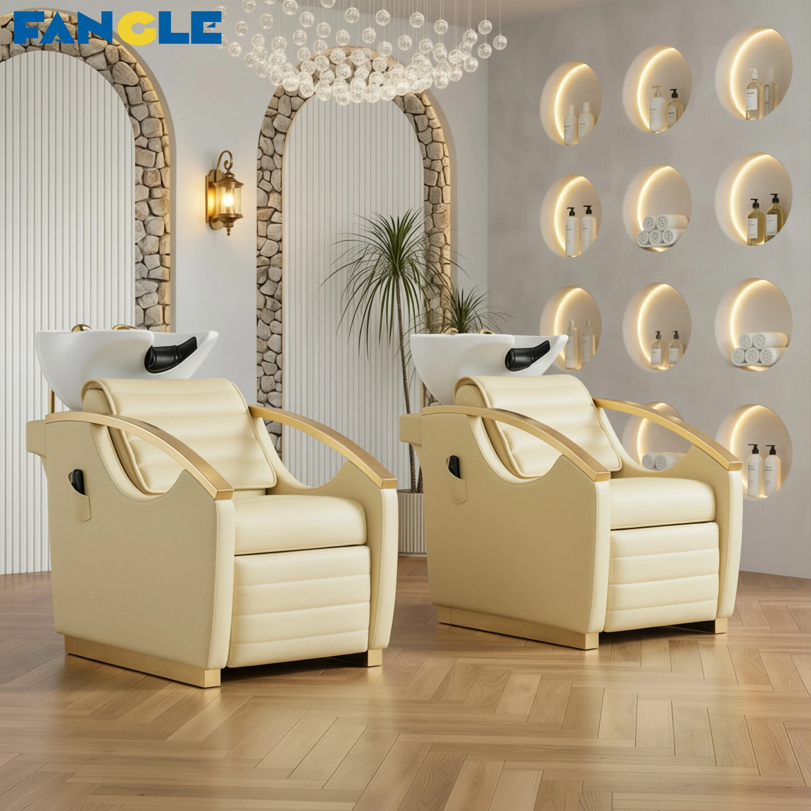 High Quality Beige Shampoo Chair Stainless Steel Luxury Electric Shampoo Bed Barber Shop Shower Chair Adjustable Leg Support