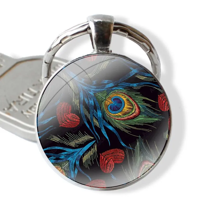 Pretty Art Peacock Feather Patterns Keychain Handmade Glass Cabochon Key Ring Holder Pendant Key Chains