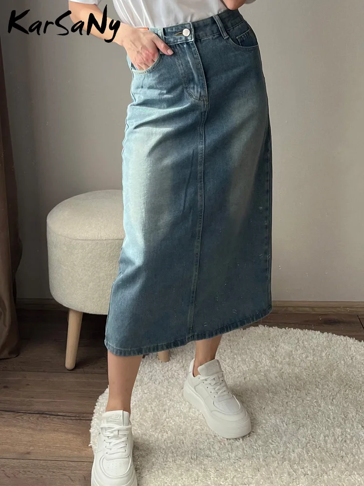 KarSaNy Women Long Denim Skirts Vintage Back Slit High Waist Jean Skirt 2024 Bodycon Maxi Blue Straight Denim Skirts For Women