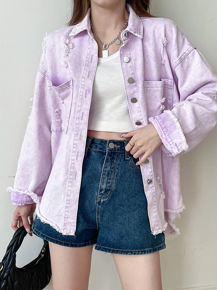 

Vintage Hollow Out Ripped Jean Jacket Coat Women Turn-Down Collar Single-Breasted Winter Coat Female Denim Jacket Coat 2024 New