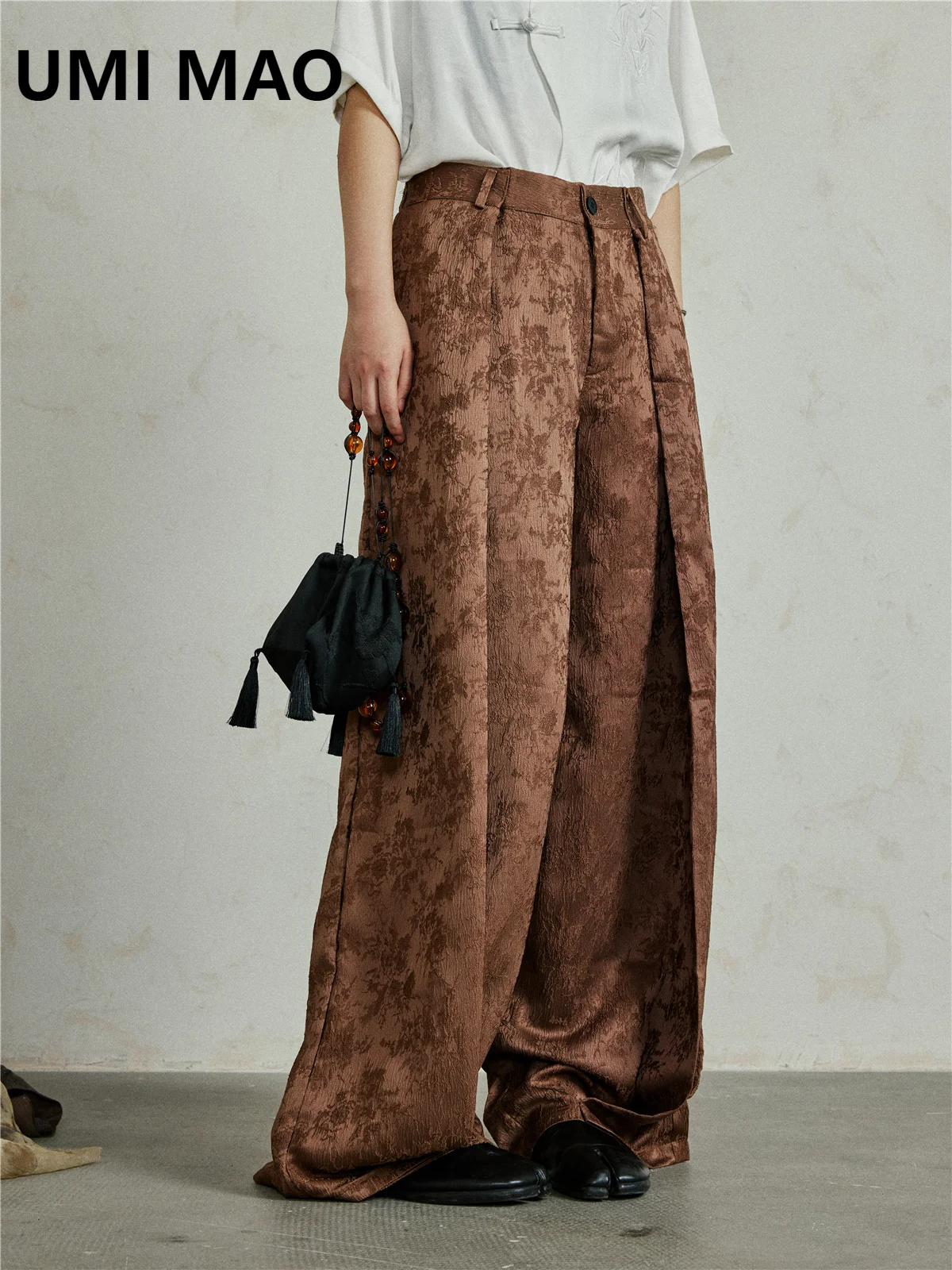 UMI MAO Dark Trousers Niche Design Style New Chinese Satin Jacquard Pleated Wide Leg Pants Versatile Blazers Casual Pants Y2K